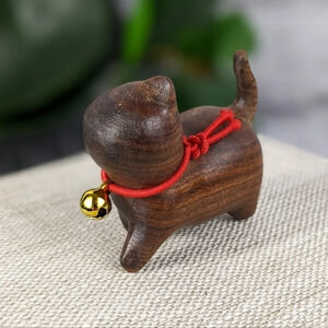 Wooden hand carved cat statue figurine kitty brown wood color, tail up prancing